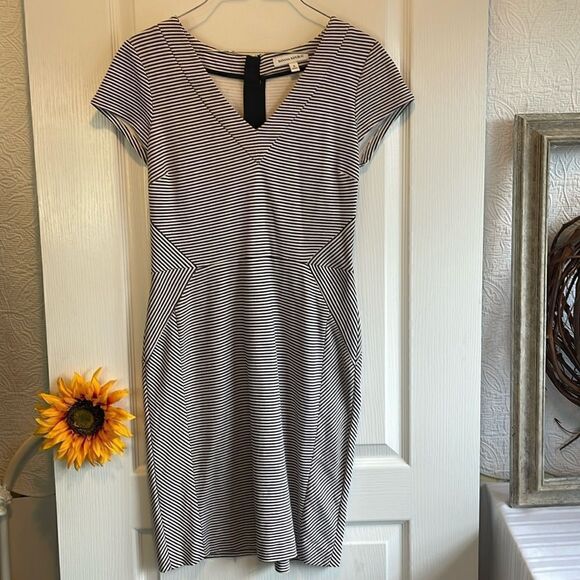 Banana Republic V Neck Striped Short Sleeve Dress - 6 - Picture 1 of 10